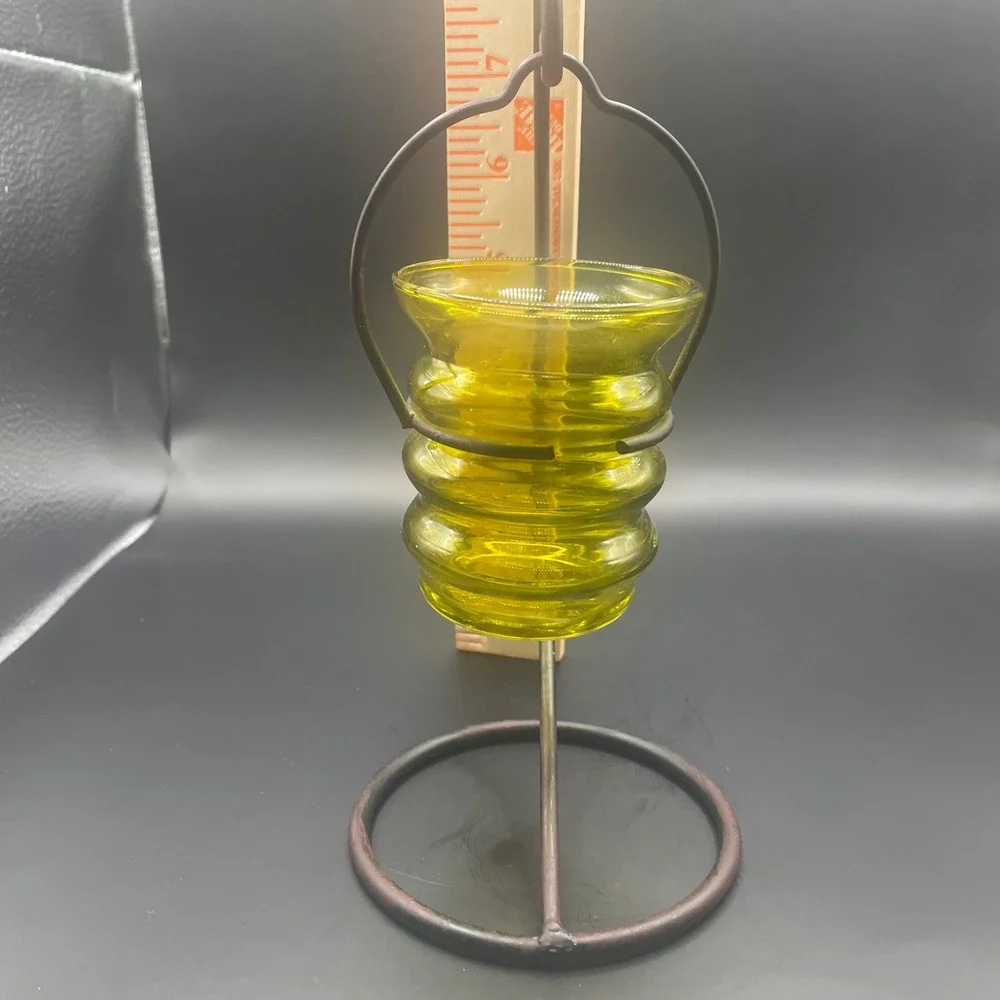 Vintage Green Ribbed Glass Hanging Votive‎ Candle Holder with Metal Stand 9 Inch